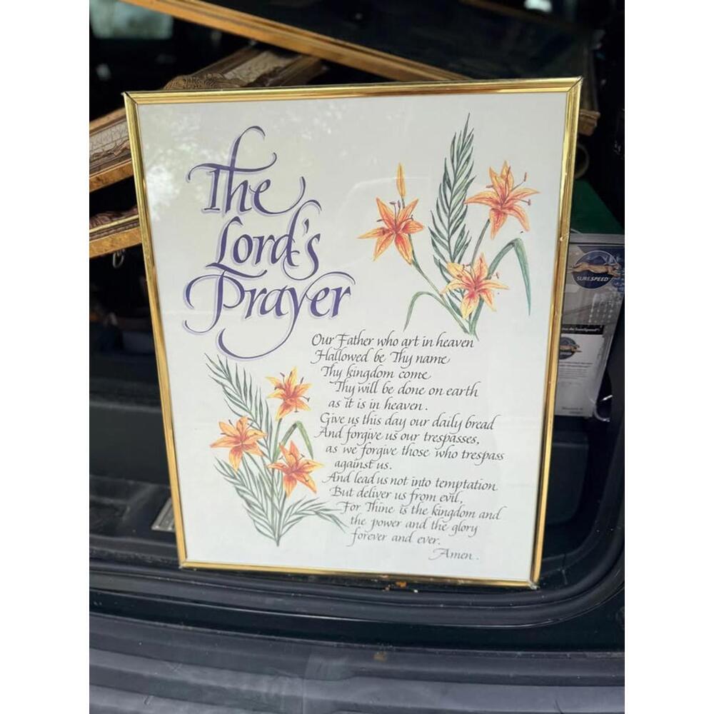 The Lord's Prayer Framed Print Gold Frame Lilies 20x16 inch